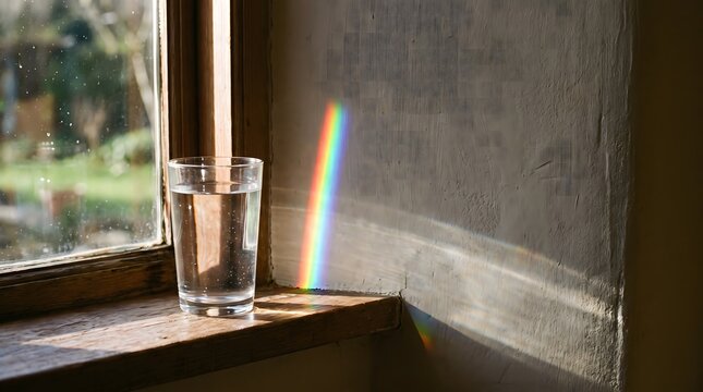 Glass of water on windowsill casting rainbow light spectrum