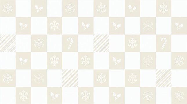 Seamless checkered winter pattern with snowflakes, holly berries and candy canes on light beige and white background, holiday wrapping paper design