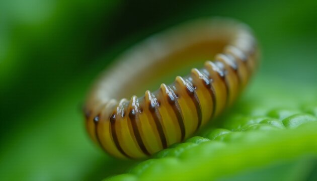 Scientific macro view of a curled yellow brown millipede on a leaf