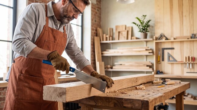 Skilled carpenter wearing an apron and protective gloves sawing a wooden board at a workbench in a bright professional woodworking studio.