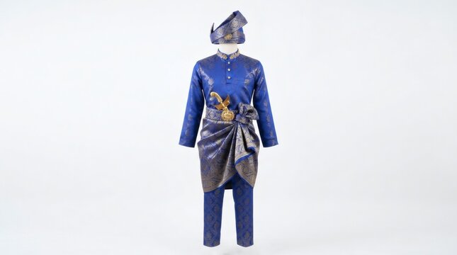 Traditional Blue Baju Melayu Men's Attire with Sampin and Tanjak Headgear for Cultural Events and Wedding Ceremonies Isolated on White
