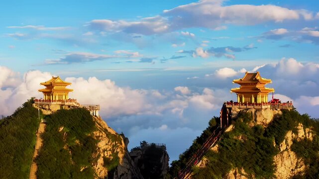 Golden Taoist Temples atop Huashan Mountain Amidst Cloud Sea at Sunrise