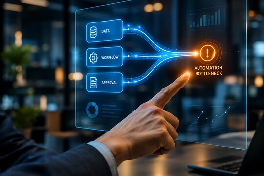 Automation Bottleneck Workflow Data Approval Process On Futuristic Holographic Interface In Modern Corporate Office