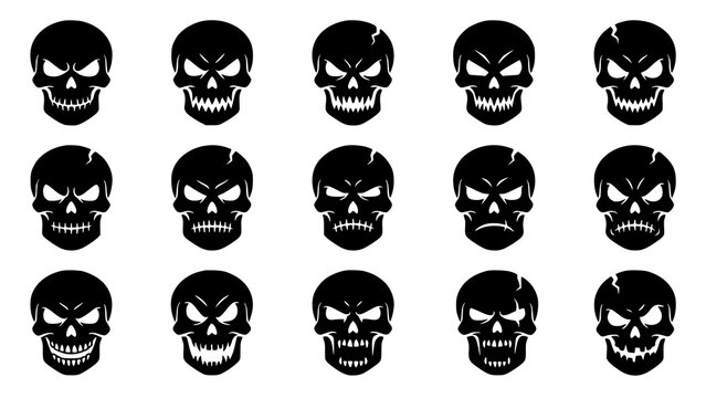 Set of fifteen illustrated black skull icons on white background with skeleton illustration silhouette skullhead collection halloween menacing