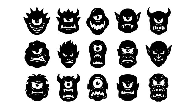 Set of fifteen black cartoon monster icons with singular eyes and various expressions creature collection expression silhouette character