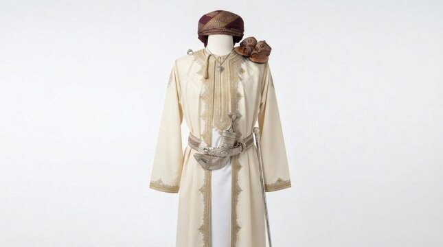 Traditional Omani male attire featuring embroidered bisht, national khanjar dagger, and turban displayed on mannequin