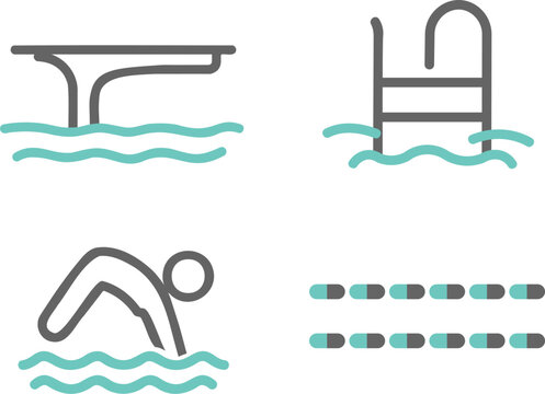 Swimming pool activities and equipment icons set vector illustration.