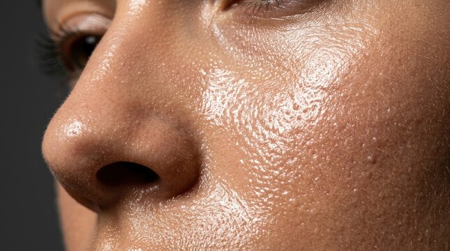 Close-up of a persons face with visible sweat and oily skin texture.