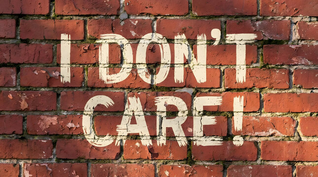 I don't care message painted in white on red brick wall with attitude indifference industrial lettering background architecture