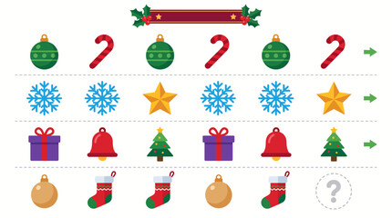 Fototapeta premium Christmas pattern recognition logic game for children with festive icons
