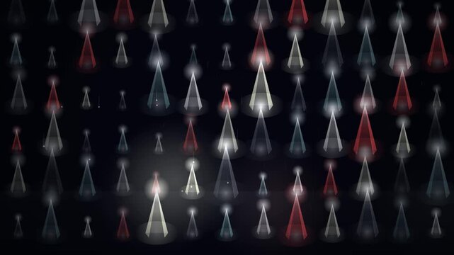 Abstract loop of floating coneshaped luminous forms with white and red highlights forming a seamless looping background overlay.