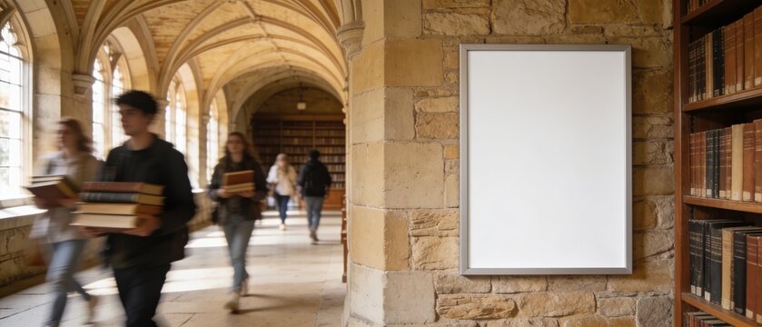 Blank vertical poster mockup on a stone wall in a busy university library hallway with students walking