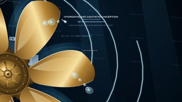 Animated infographic explaining propeller cavitation dynamics, detailing hydrodynamic cavitation inception, sub-atmospheric phase transition, vortex shedding, and shockwave pitting erosion