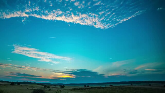 Time-lapse of dramatic sunset over open rural landscape with fast-moving clouds and vibrant sky gradient