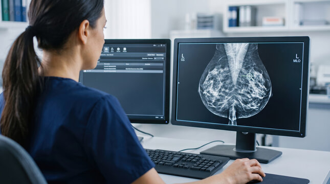 A medical expert sits at a desk in a clinic, focusing on mammogram images displayed on two computer monitors. The activity involves analyzing patient data and images for health assessments