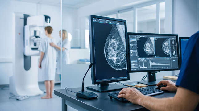 A woman stands in a medical gown while a technician prepares for a mammogram. Two computer screens show digital images of breast scans. The setting is a healthcare center