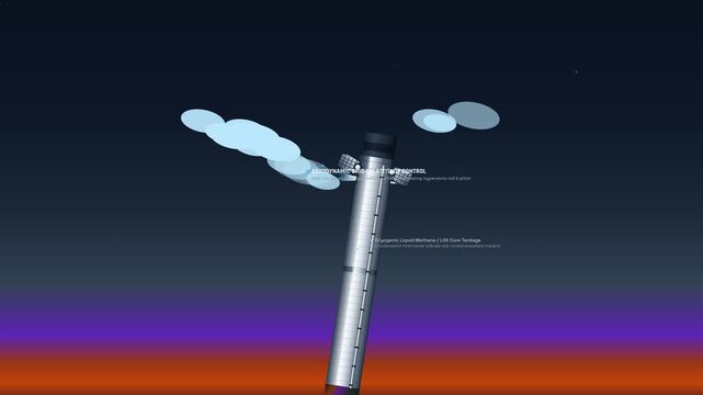 Animation of a reusable rocket booster returning to the launch pad and being caught mid-air by mechanical arms on the launch tower