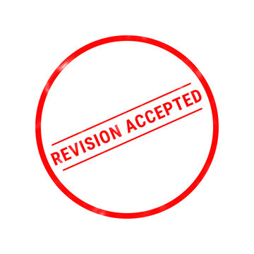 A bright red revision accepted stamp illustration depicts a circular approval seal isolated on a perfectly clean white background signifying document confirmation