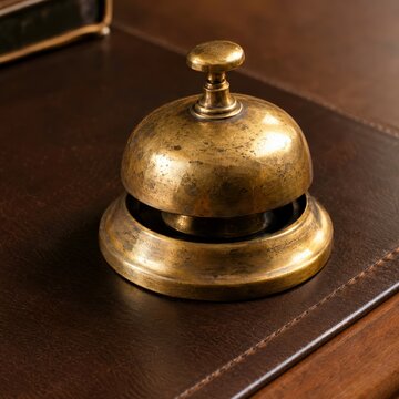 Macro view of a small brass committee bell placed on a leather desk blotter with warm side light and aged patina