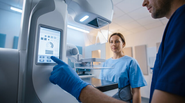 Medical professionals work with a mammogram machine in a clinic. A patient stands nearby, following the procedure for breast cancer screening