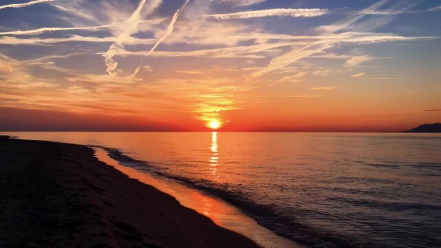 Sunset over the Mediterranean Sea at a Quiet Beach in Italy, Golden Hour with Calm Waves and Sky Contrails