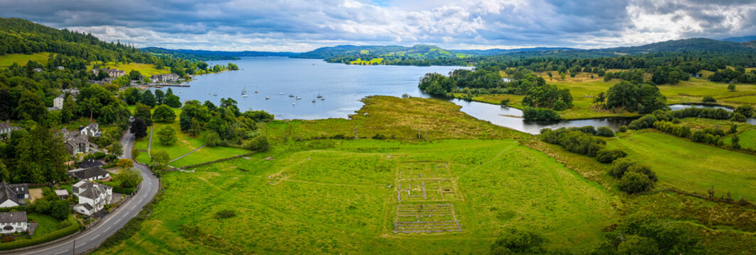 Ambleside Roman Fort Aerial View with Lake Windermere in Lake District