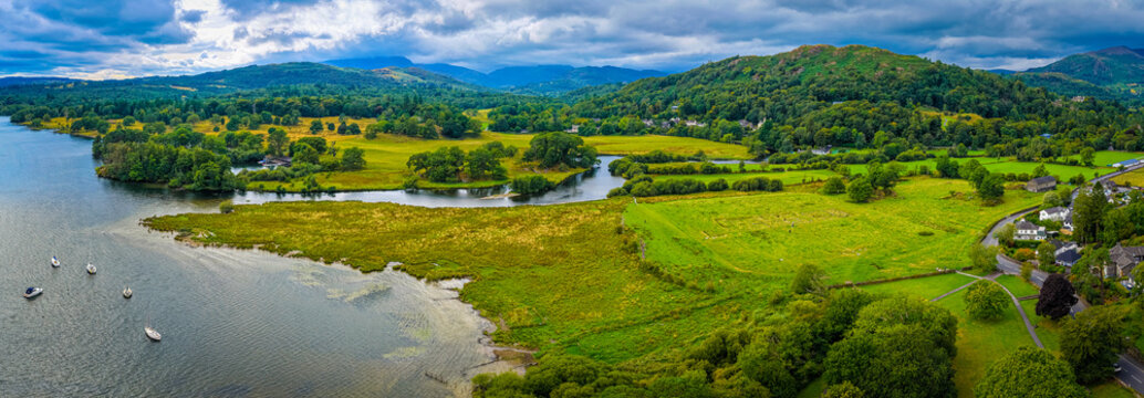 Ambleside Roman Fort Aerial View with Lake Windermere in Lake District