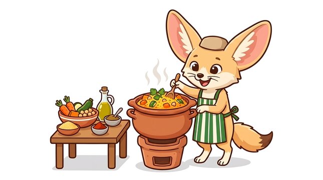Cute cartoon fennec fox chef cooking stew in clay pot illustration