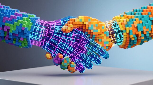 Digital handshake of pixelated hands made of cubes and glowing lines, representing technology partnership, collaboration, and artificial intelligence