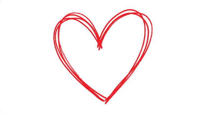 Hand drawn red heart shape, scribbled line art illustration, romantic sketch vector on white background, minimalist love symbol for greeting cards