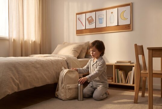 Child Organizing Bedroom Storage During Independent Routine