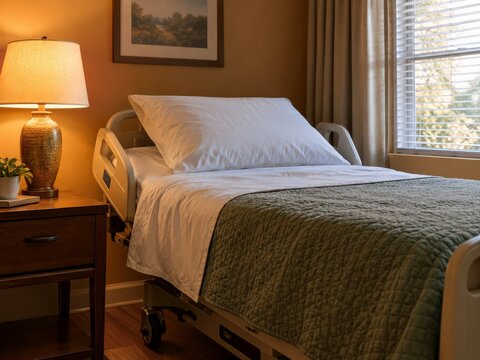 Warm light shining beside a neat care bed in a cozy room with muted amber walls and soft daylight filtering through the window