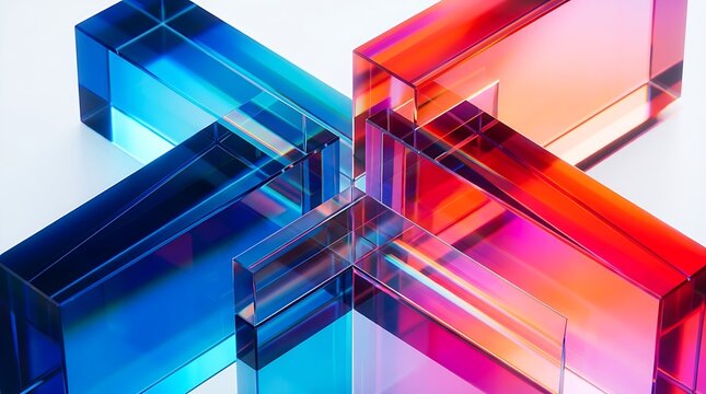 Abstract arrangement of colorful transparent acrylic blocks on a white surface