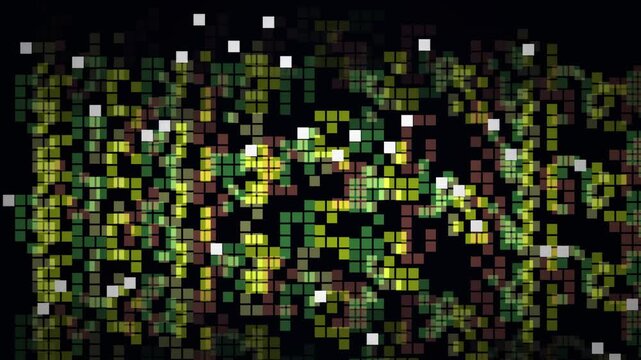 Digital pixelated matrix style loop background with floating green squares and dark abstract pattern