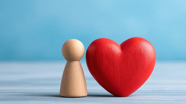 Heart and wooden pawn figure representing love with empathy and kindness symbol