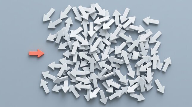 Many white arrows with one orange arrow pointing forward 3d rendering concept
