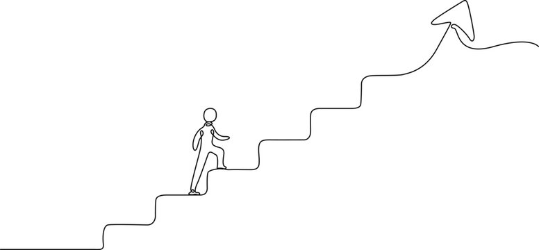 A minimalist continuous single line art illustration showing a person climbing stairs to represent career growth, success, progress, and achieving business goals.