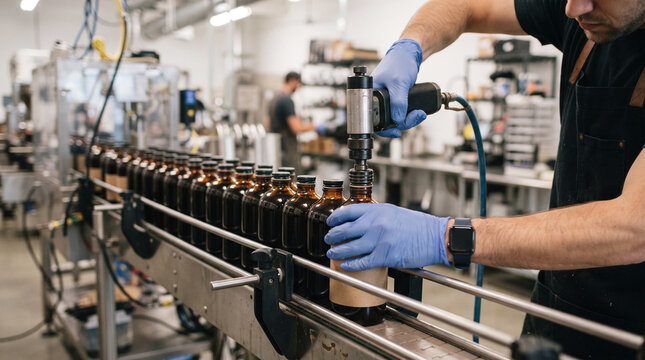 Operator using pneumatic capping machine on glass bottles along factory conveyor