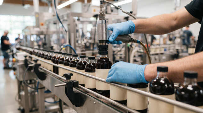 Technician sealing labeled glass bottles with pneumatic tool on production line