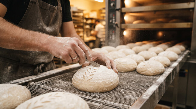 Close view baker scoring leaf pattern on artisan sourdough dough loaf on conveyor