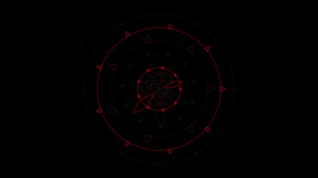 Red geometric symbols and circular patterns forming a seamless looping background