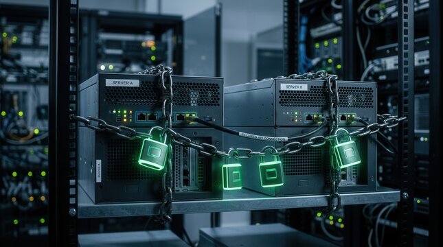 Secured Data Servers With Glowing Padlocks And Chains In Dark Data Center