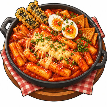Tteokbokki Illustration: Spicy Korean Rice Cakes, Gochujang Sauce, Fish Cakes, and Delicious Korean Street Food Details