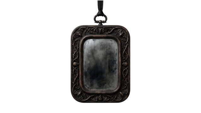 Vintage dark ornate framed mirror with tarnished glass isolated on white background