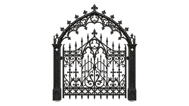 Ornate black cast iron gothic cemetery gate isolated on white background