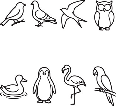 Unified minimalist small birds songbird owl penguin line art set
