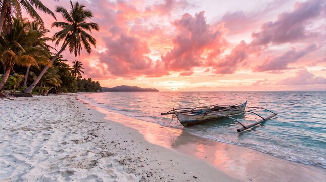 Tropical beach pink sunset with traditional fishing boat and palm trees on white sand