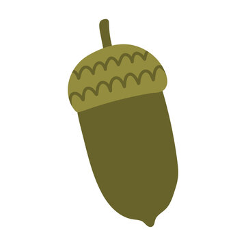 Minimalist flat vector illustration of an acorn with wavy cap pattern. Isolated green and brown fall nut clip art for seasonal autumn designs and marketing