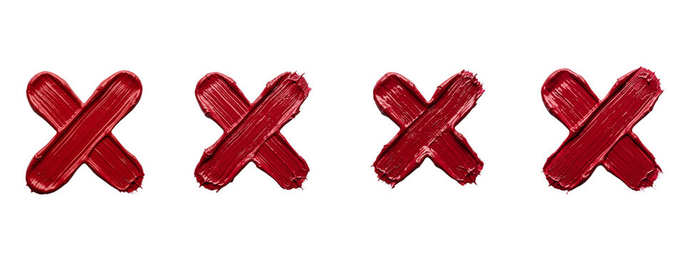 Four red lipstick cross marks painted on transparent background