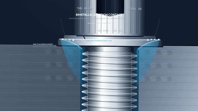 Detailed 2D animation diagram explaining galvanic corrosion, showing electrochemical potential gradient, electron surge, and sacrificial aluminum decay around a stainless steel bolt